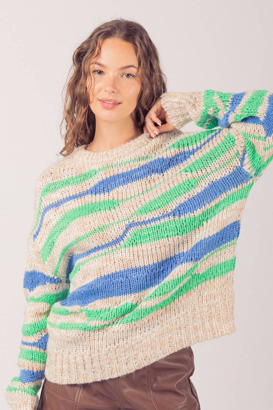 Blue Multi Color Casual Knit Sweater Top
