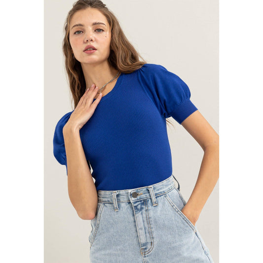 COBALT RIBBED PUFF SLEEVE KNIT TOP