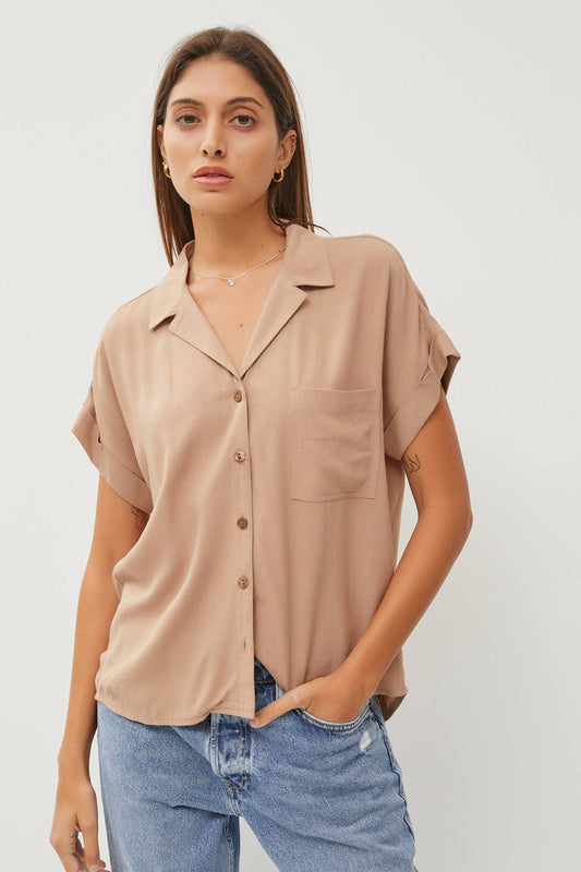 TAUPE V-NECK COLLARED SHORT SLEEVE BUTTON DOWN SHIRT