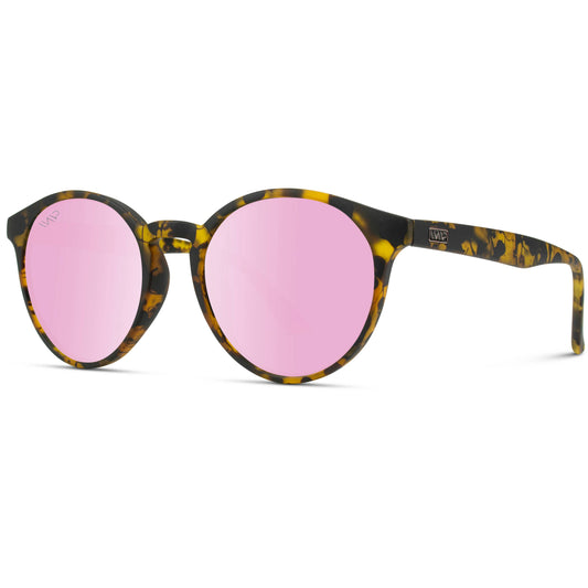 Clove - Round Classic Retro Frame Sunglasses: Tortoise Frame/Mirror Pink Lens