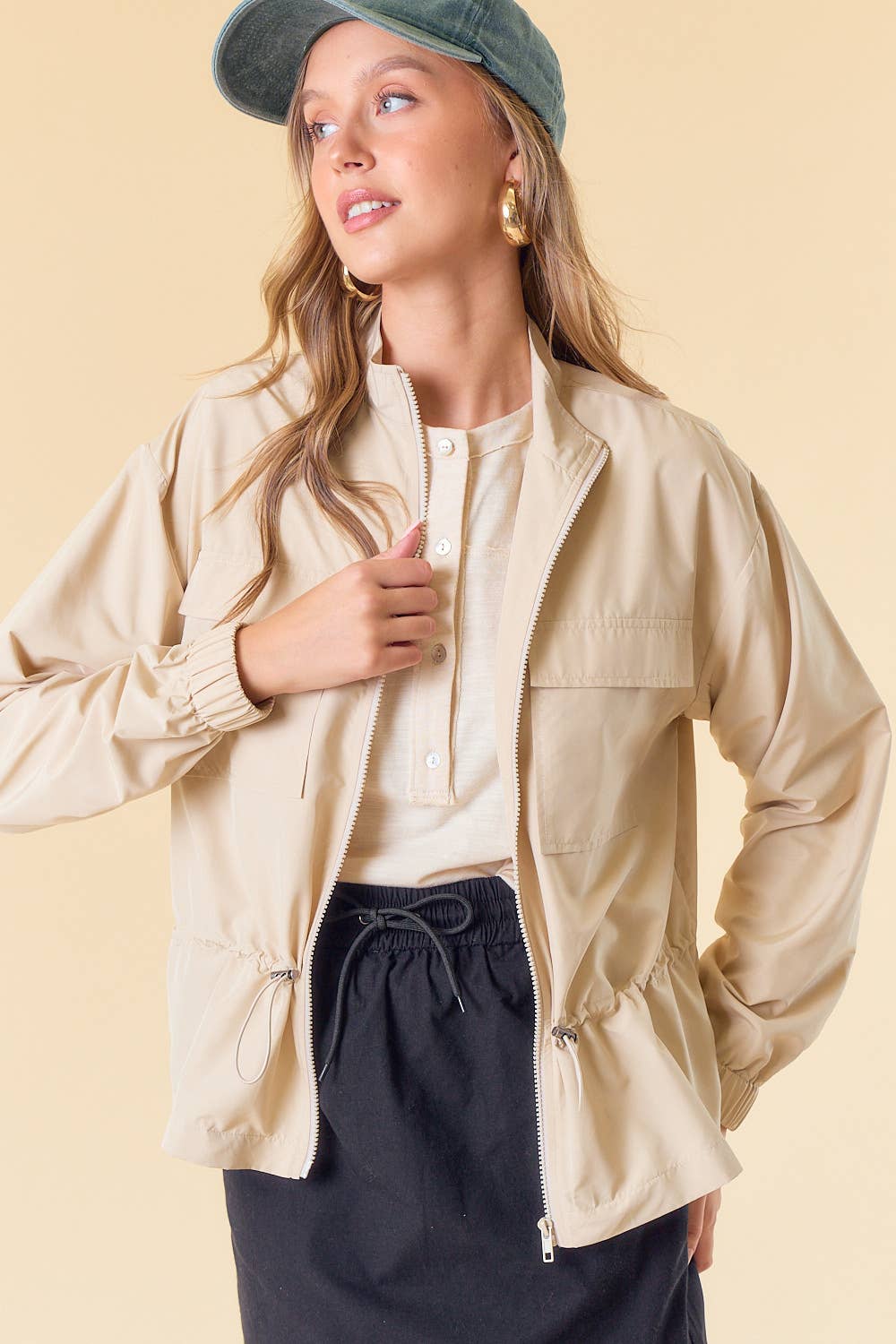 TAUPE DRAWCORD WAIST FRONT POCKET WINDBREAKER