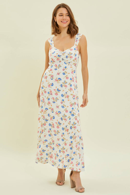 IVORY FLORAL SWEETHEART NECK, FLORAL MIDI DRESS