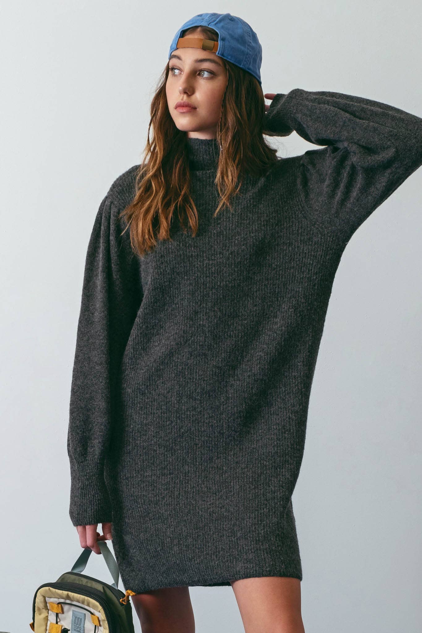 CHARCOAL SOLID MOCK NECK KNIT SWEATER DRESS