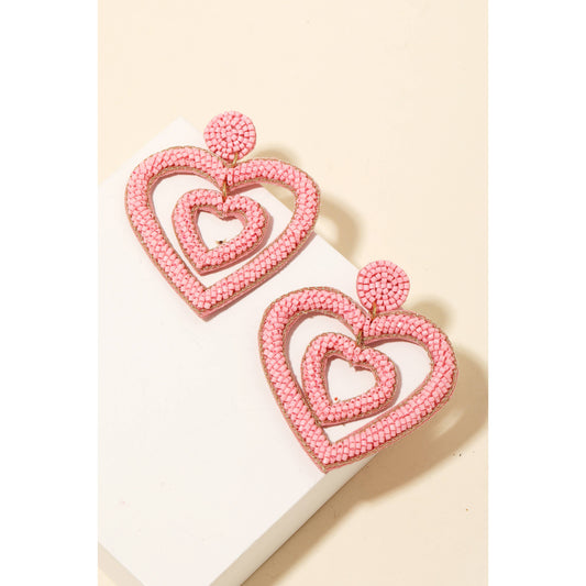 Pink Layered Seed Beaded Hearts Dangle Earrings
