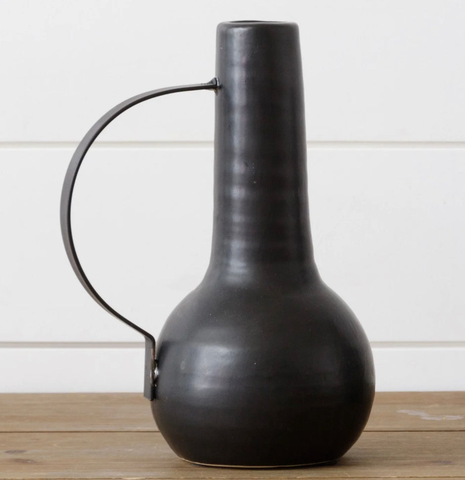 Large Matte Black Vase w Handle