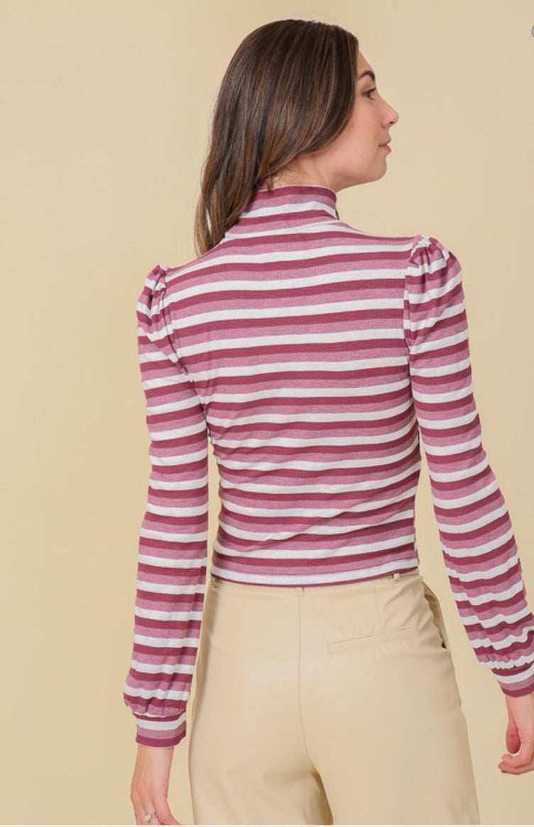Brick and White Long Sleeve Mock Neck Knit Striped Top